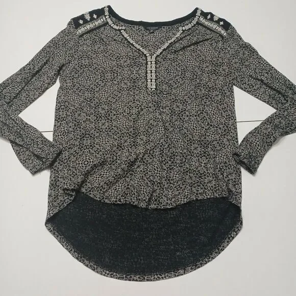 Lucky Brand Womens S Boho High Low Split Back Black Embroidered Paisley Shirt - Picture 1 of 12
